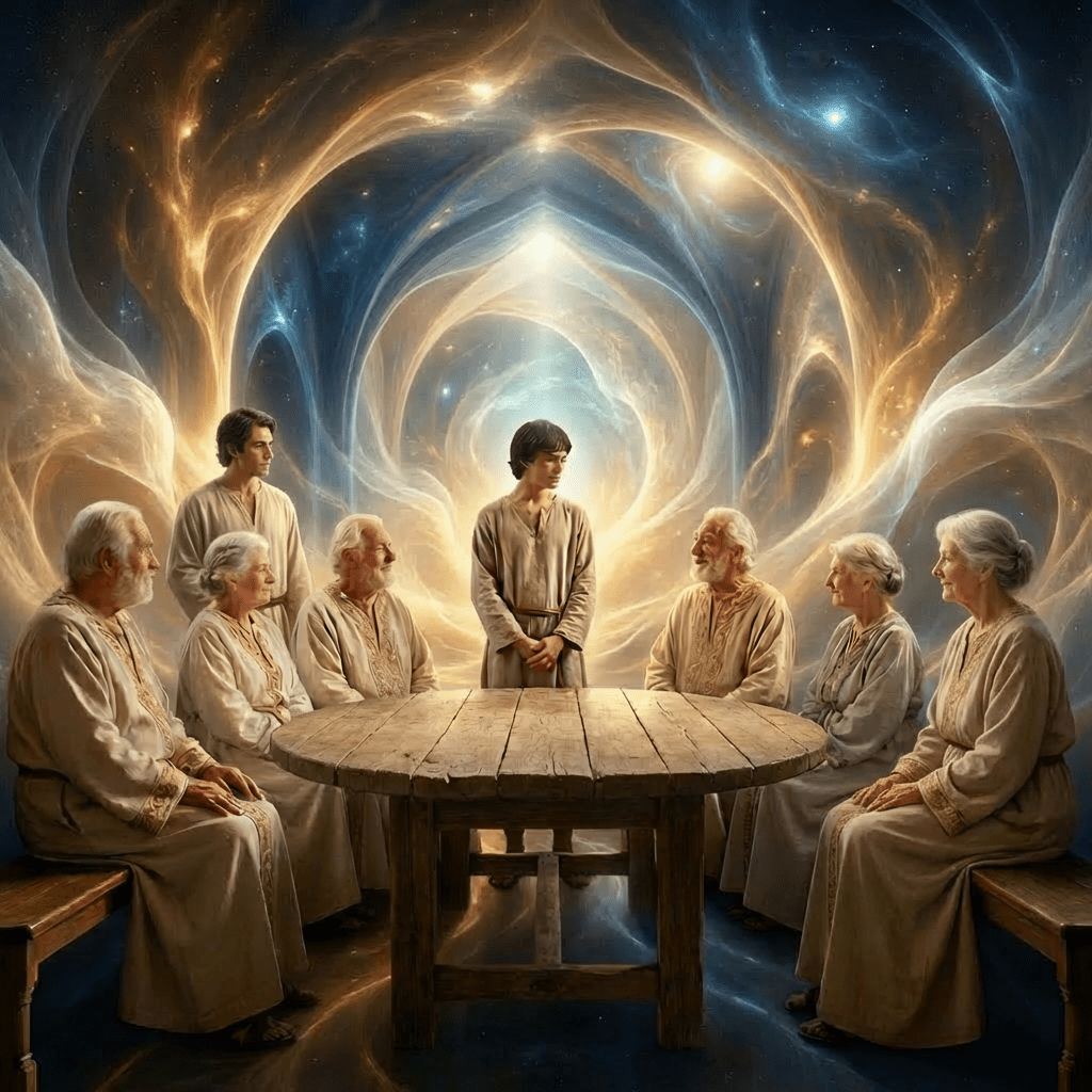 Image courante : A man before elders. Banner: '- CONSEIL DES ANCIENS - L'ÂME EST JUGÉE AVEC BIENVEILLANCE'.