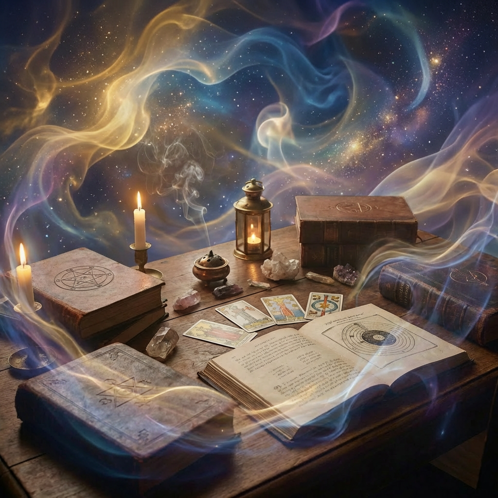 Ancient grimoires, tarot cards, crystals, and candles arranged on a wooden table in soft light.