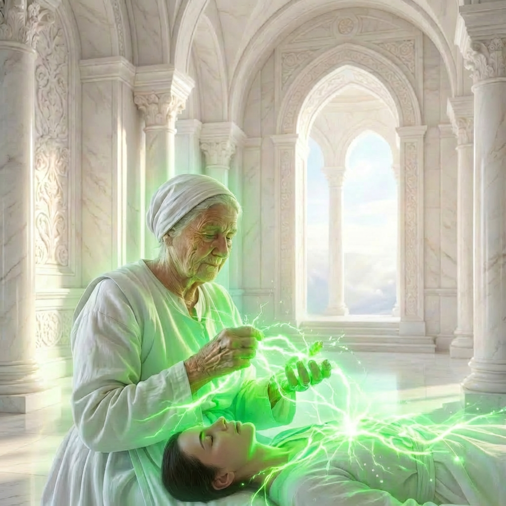 Image courante : An elderly woman in rustic clothing knits a glowing orb of magical light between her hands.
