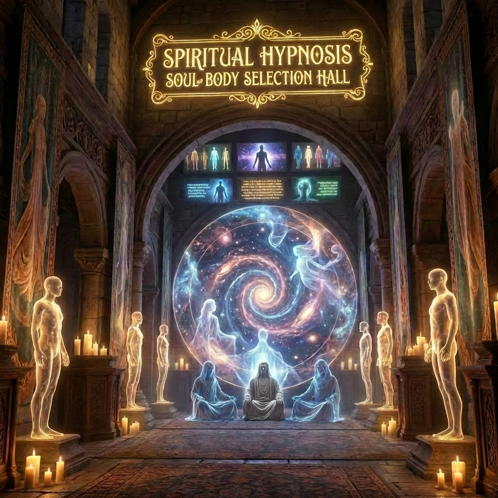 Image courante : Spiritual Hypnosis Soul & Body Selection Hall showing robed figures before a swirling cosmic portal.