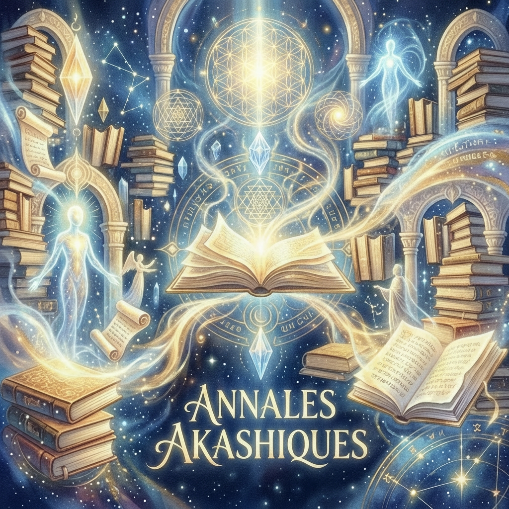 Image courante : Glowing open books and ethereal figures with the text ANNALES AKASHIQUES in a cosmic setting.