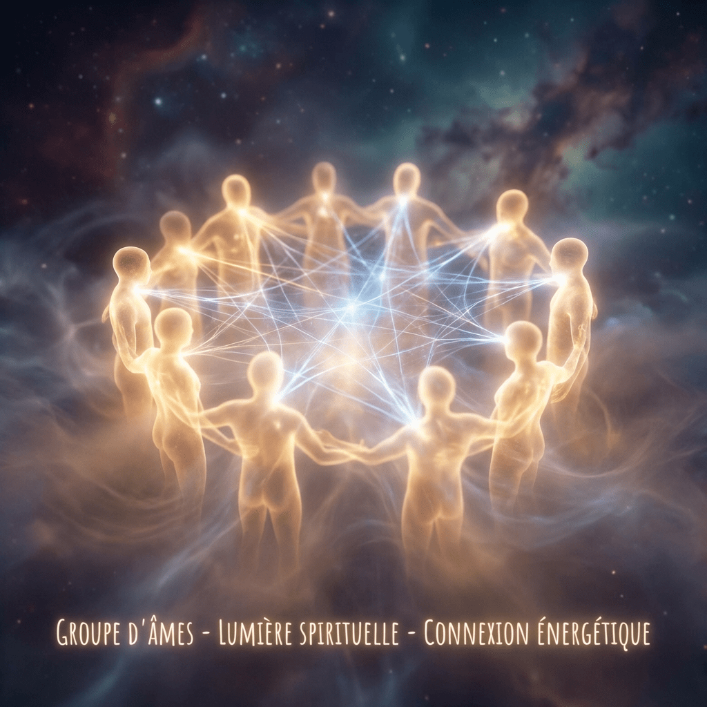Image courante : Ethereal beings connected by light; text reads: GROUPE D'ÂMES - LUMIÈRE SPIRITUELLE - CONNEXION ÉNERGÉTIQUE.
