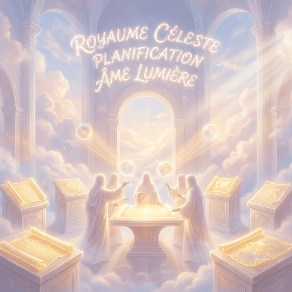 Image courante : Radiant figures in a celestial hall with text ROYAUME CÉLESTE PLANIFICATION ÂME LUMIÈRE.