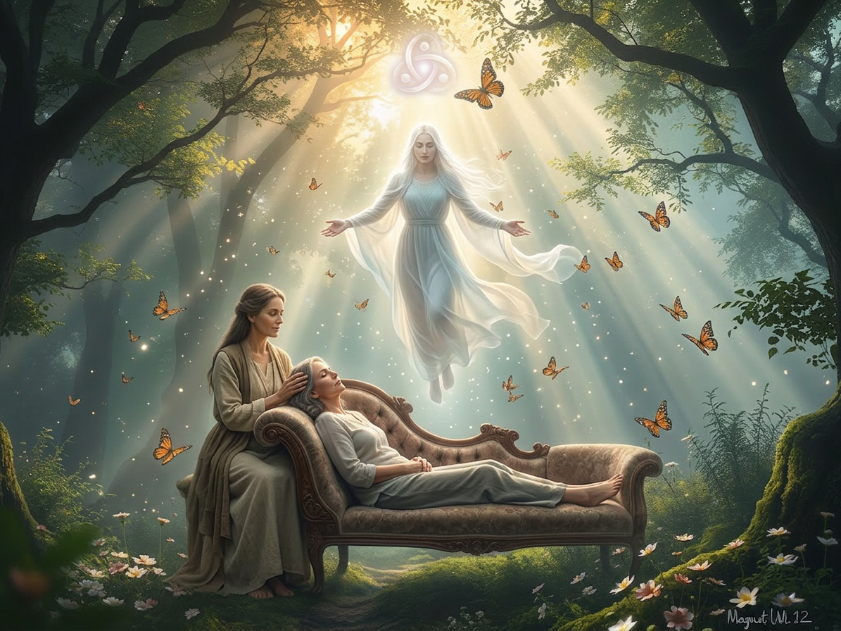 A glowing ethereal figure levitating surrounded by butterflies above two women in a forest