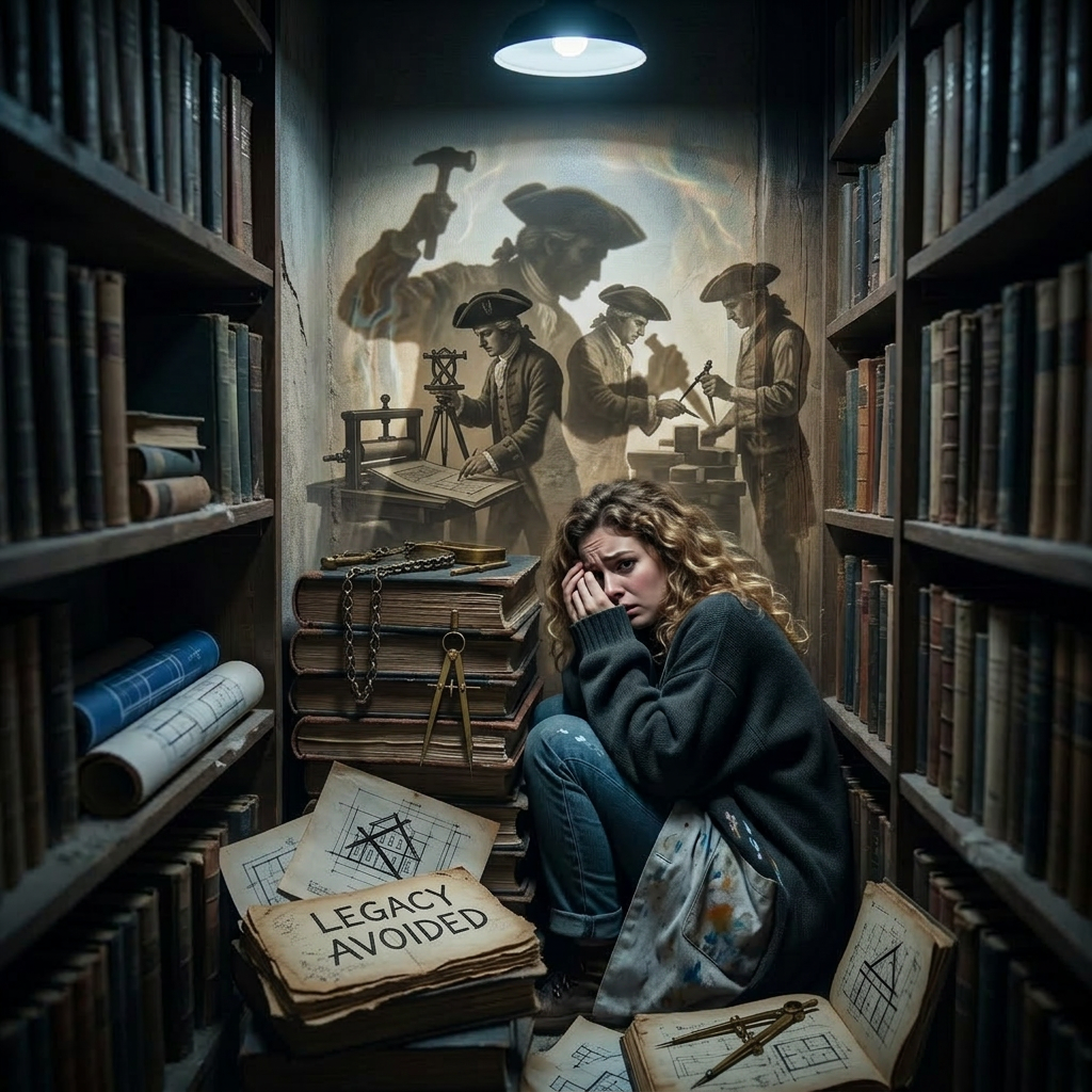 Woman crouching among books in a dim library with threatening shadow holding hammer and chisel