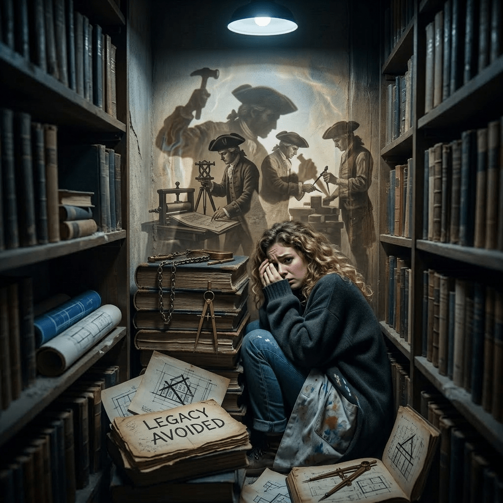 Woman crouching among books in a dim library with threatening shadow holding hammer and chisel