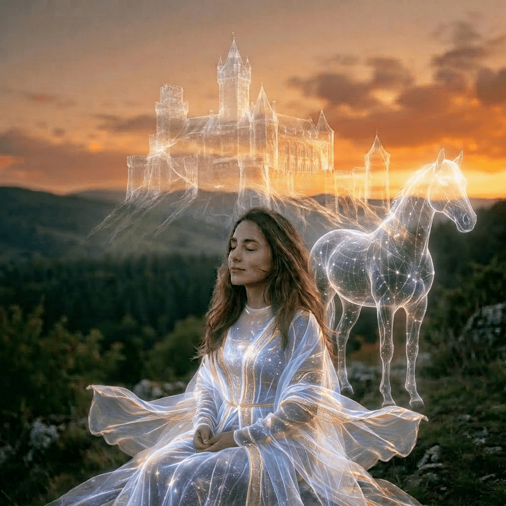 A woman sitting outside with closed eyes imagining a glowing castle above a forest