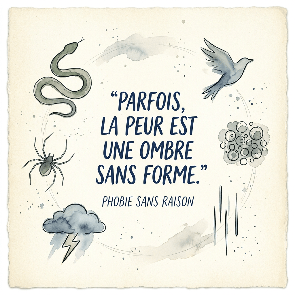 Snake, spider, bird, storm, bubbles, and heartbeat illustrations around French fear quote